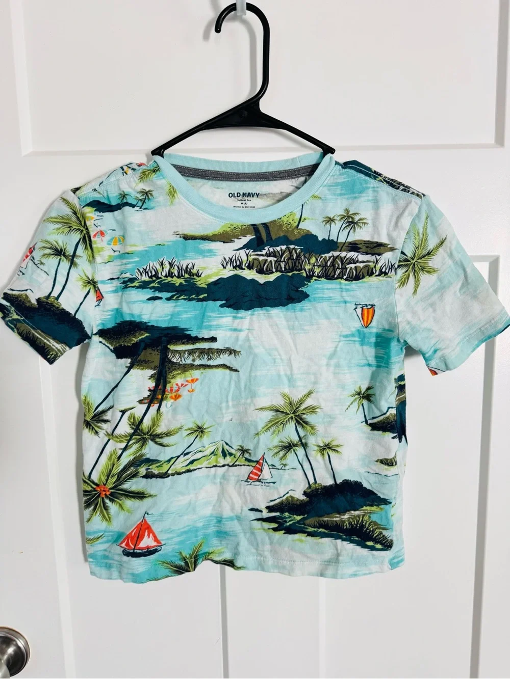 Old Navy Light Blue Tropical Print Tee with Red Accents